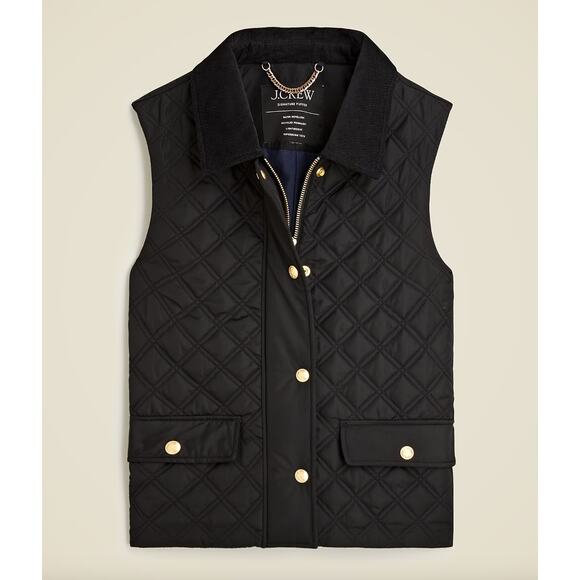 J.Crew Quilted Barn Vest Corduroy Collar Black Preppy Gold Buttons Womens XS NWT - Picture 1 of 13